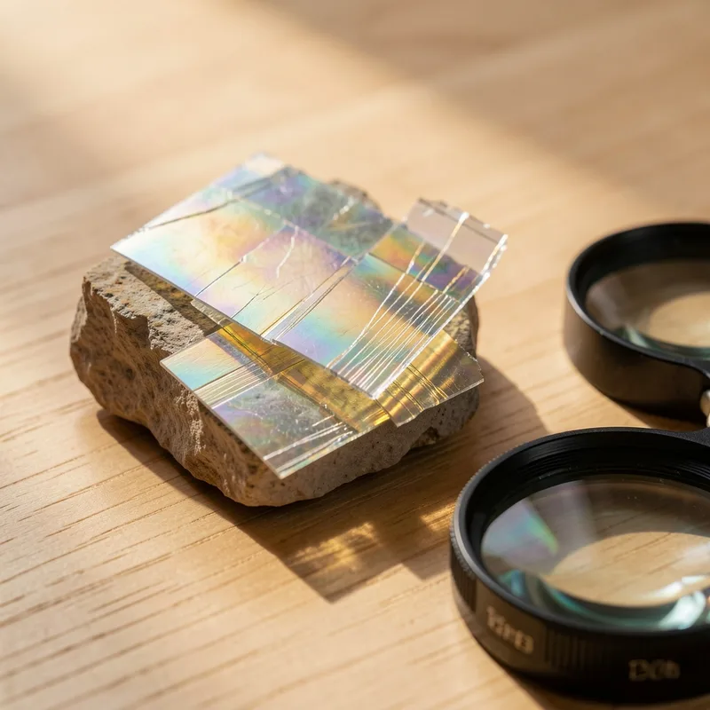 Feuillets de mica muscovite séparés à la main sur un plan de travail en bois clair, reflets dorés à la lumière rasante