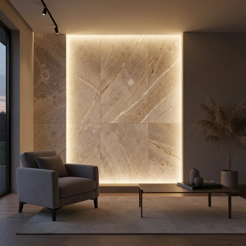 Mur habillé de feuille de pierre translucide rétroéclairée, veines minérales révélées par la lumière dans un salon sombre