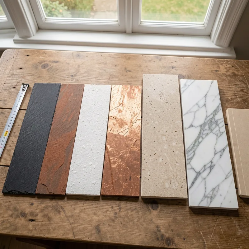 Échantillons de feuilles de pierre en ardoise, mica et quartzite comparés côte à côte sur une table près d&rsquo;une fenêtre