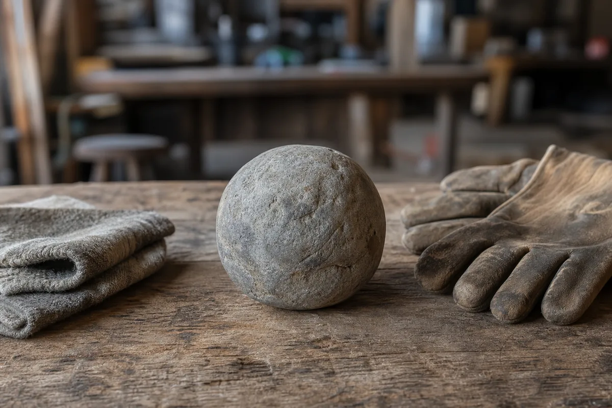 Géode fermée posée sur un établi de bois, à côté de gants de travail