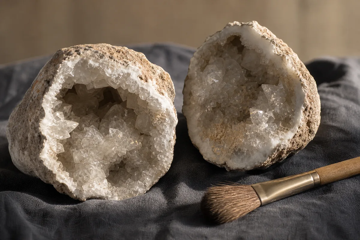 Deux moitiés de géode de quartz ouvertes sur un linge sombre, lumière rasante