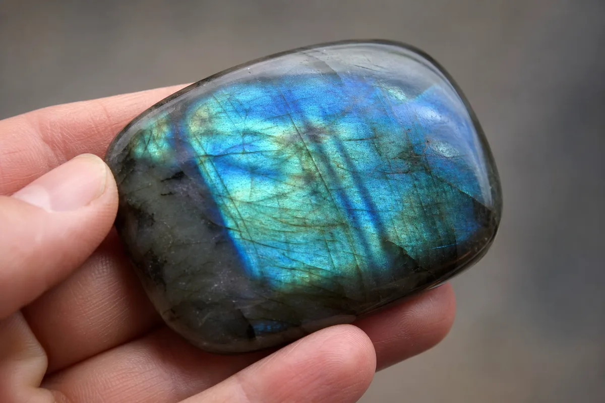 Gros plan sur une pierre polie de labradorite tenue en main, montrant ses reflets bleu-vert sous la lumière